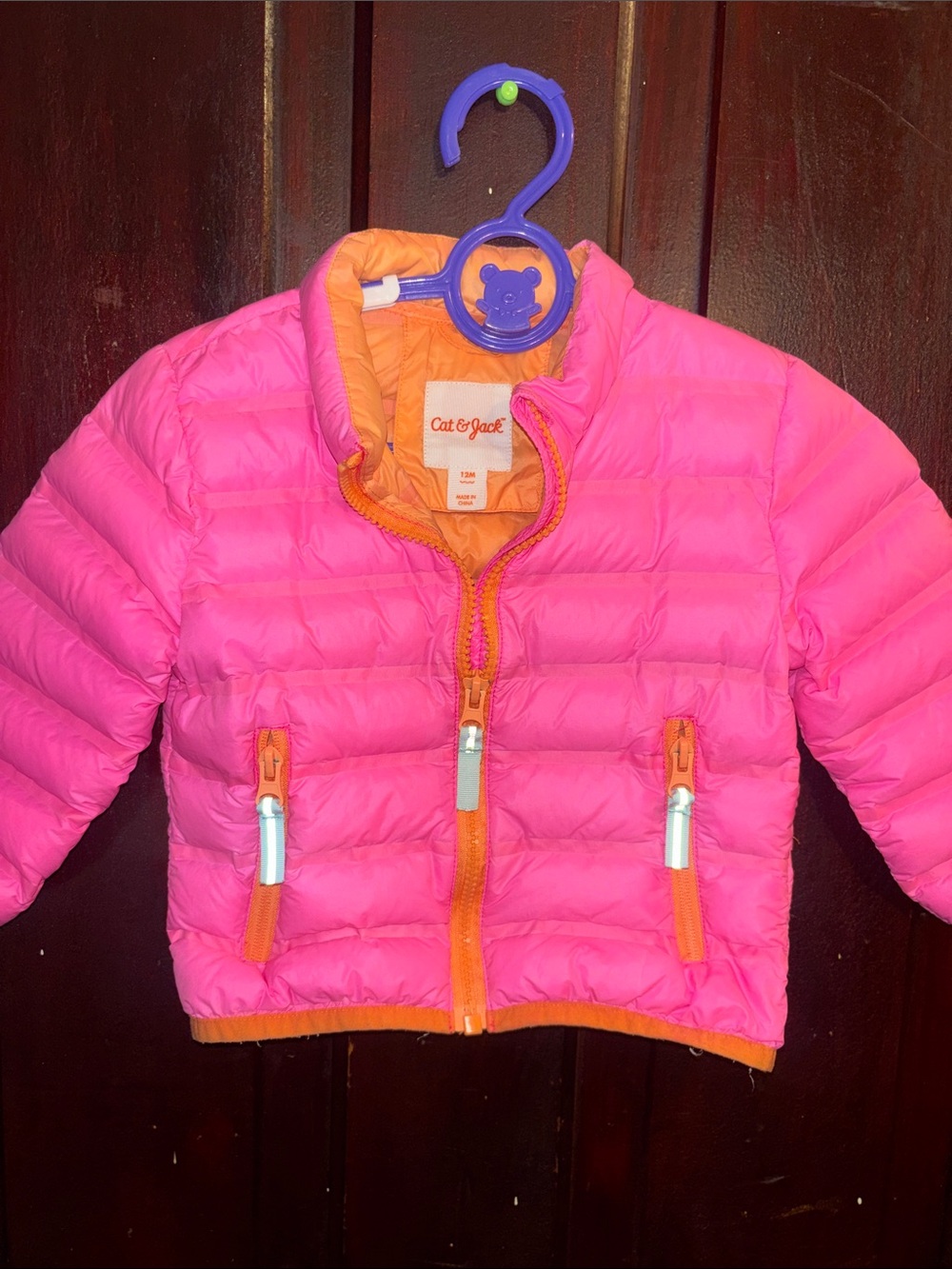 Cat & Jack Bright Pink Puffer Jacket with Orange Trim - Kids